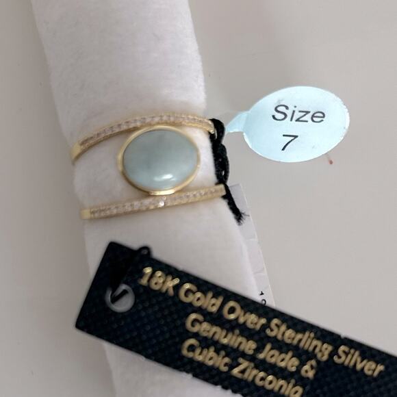 18k Gold over Sterling silver Genuine Jade & Cubic Zirconia Sz 7 ring stunning - Picture 3 of 12